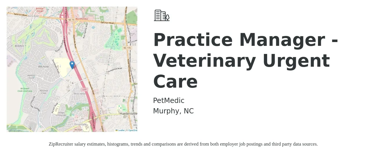 PetMedic job posting for a Practice Manager - Veterinary Urgent Care in Murphy, NC with a salary of $52,600 to $78,500 Yearly with a map of Murphy location.
