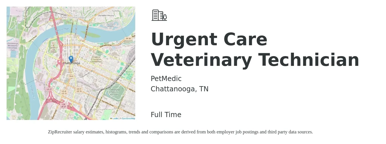 PetMedic job posting for a Urgent Care Veterinary Technician in Chattanooga, TN with a salary of $16 to $22 Hourly with a map of Chattanooga location.