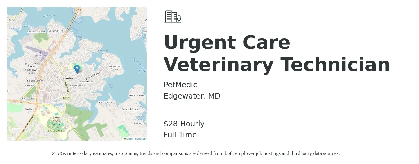 PetMedic job posting for a Urgent Care Veterinary Technician in Edgewater, MD with a salary of $30 Hourly with a map of Edgewater location.