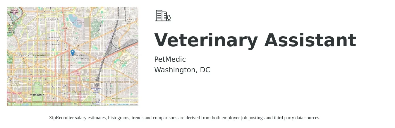 PetMedic job posting for a Veterinary Assistant in Washington, DC with a salary of $18 to $22 Hourly with a map of Washington location.