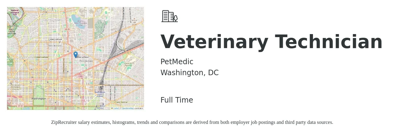 PetMedic job posting for a Veterinary Technician in Washington, DC with a salary of $21 to $29 Hourly with a map of Washington location.