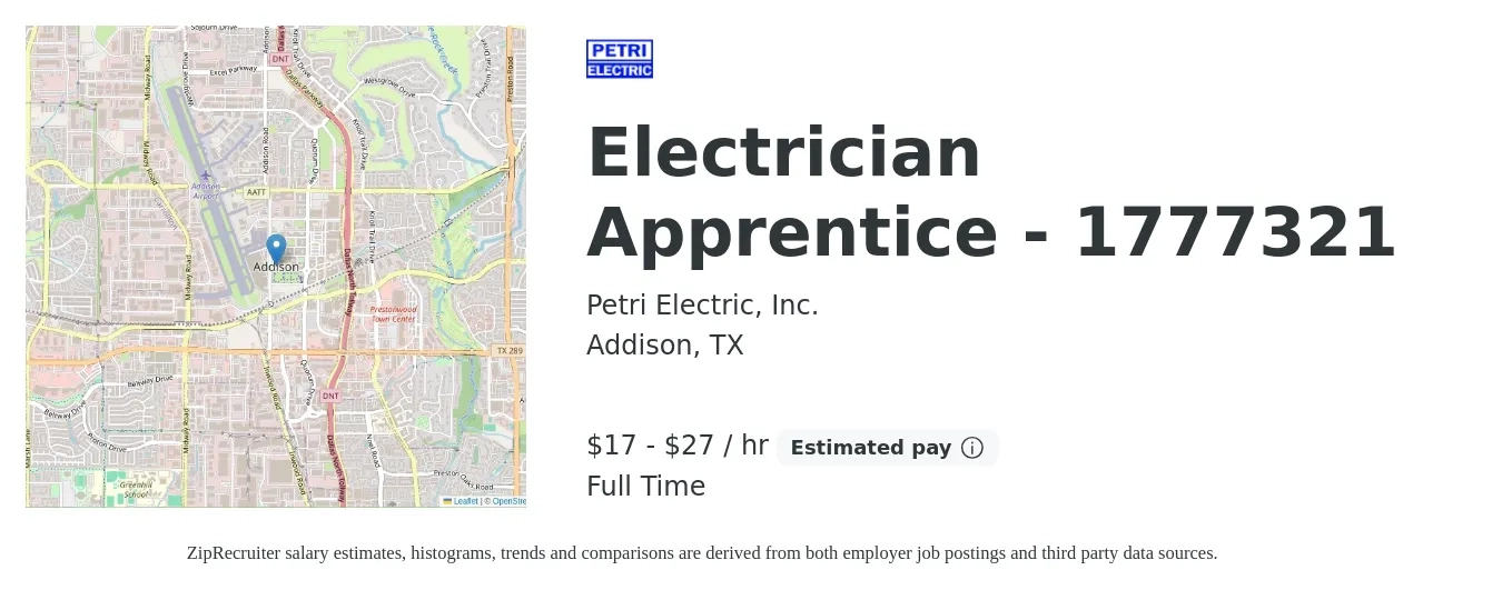 Petri Electric, Inc. job posting for a Electrician Apprentice - 1777321 in Addison, TX with a salary of $18 to $29 Hourly with a map of Addison location.