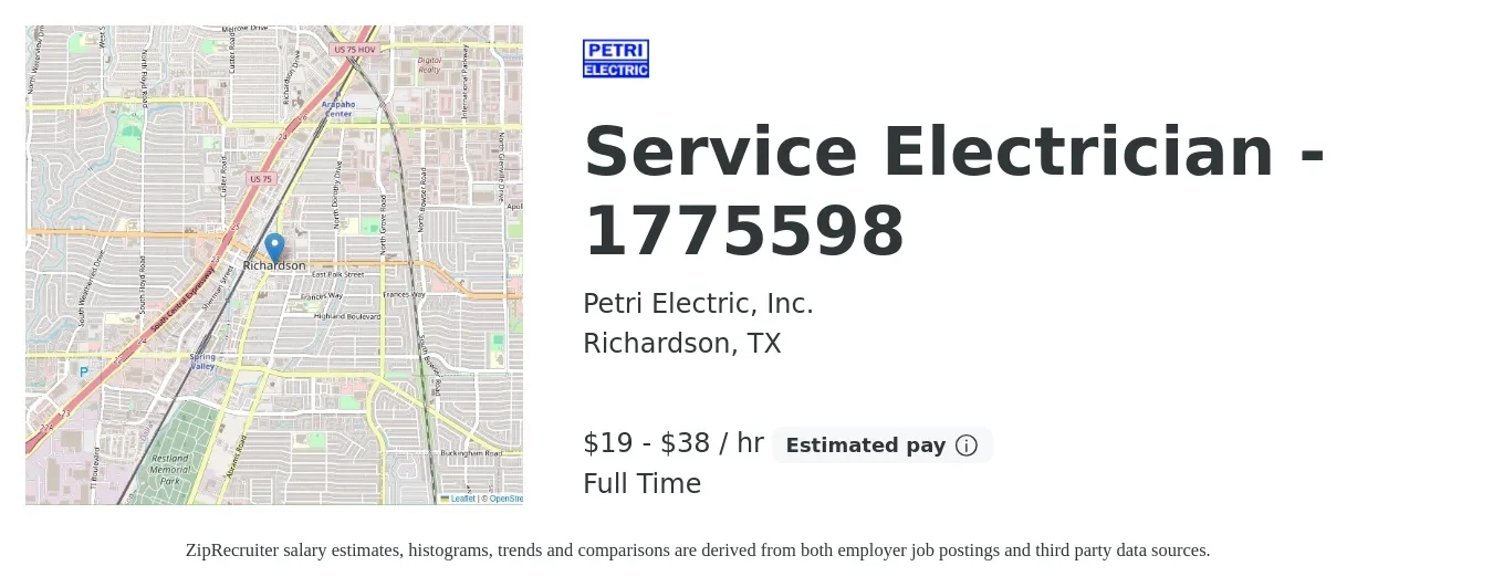 Petri Electric, Inc. job posting for a Service Electrician - 1775598 in Richardson, TX with a salary of $20 to $40 Hourly with a map of Richardson location.