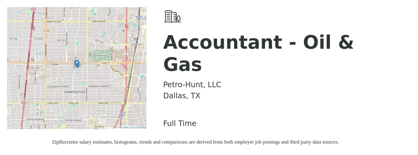 Petro-Hunt, LLC job posting for a Accountant - Oil & Gas in Dallas, TX with a salary of $52,900 to $77,700 Yearly with a map of Dallas location.