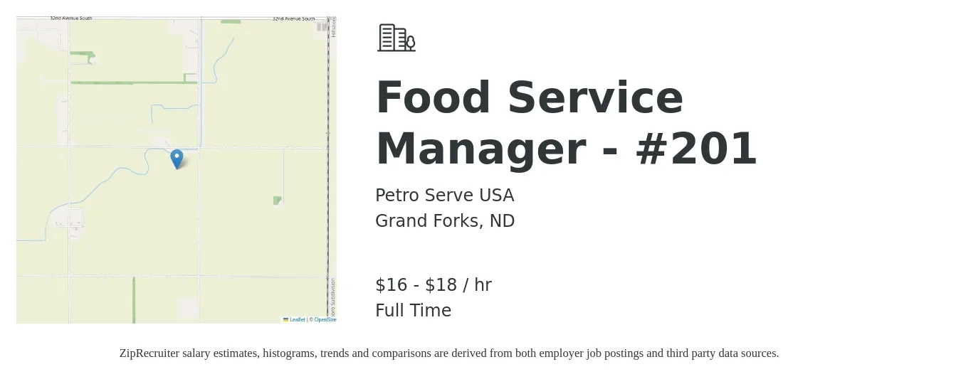 Petro Serve USA job posting for a Food Service Manager - #201 in Grand Forks, ND with a salary of $17 to $19 Hourly with a map of Grand Forks location.