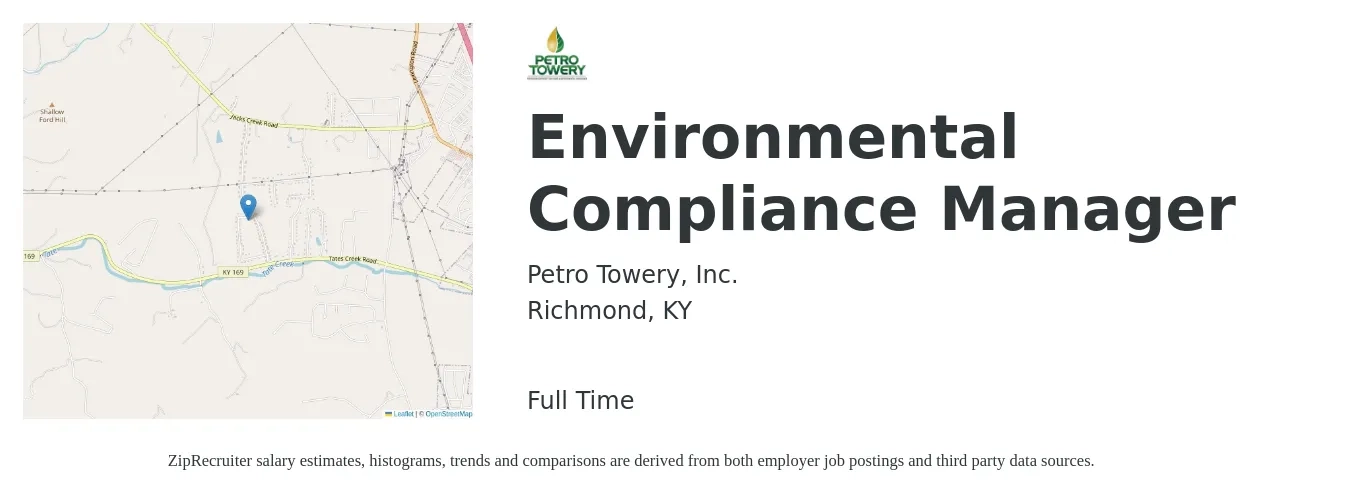 Petro Towery, Inc. job posting for a Environmental Compliance Manager in Richmond, KY with a salary of $58,100 to $91,300 Yearly with a map of Richmond location.