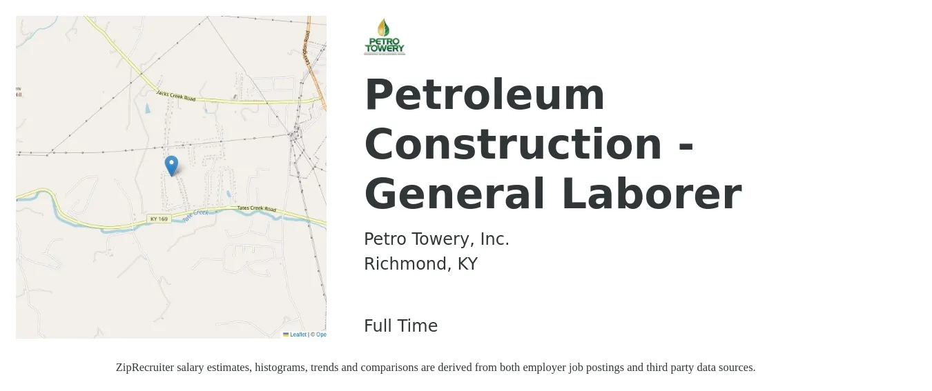 Petro Towery, Inc. job posting for a Petroleum Construction - General Laborer in Richmond, KY with a salary of $13 to $16 Hourly with a map of Richmond location.