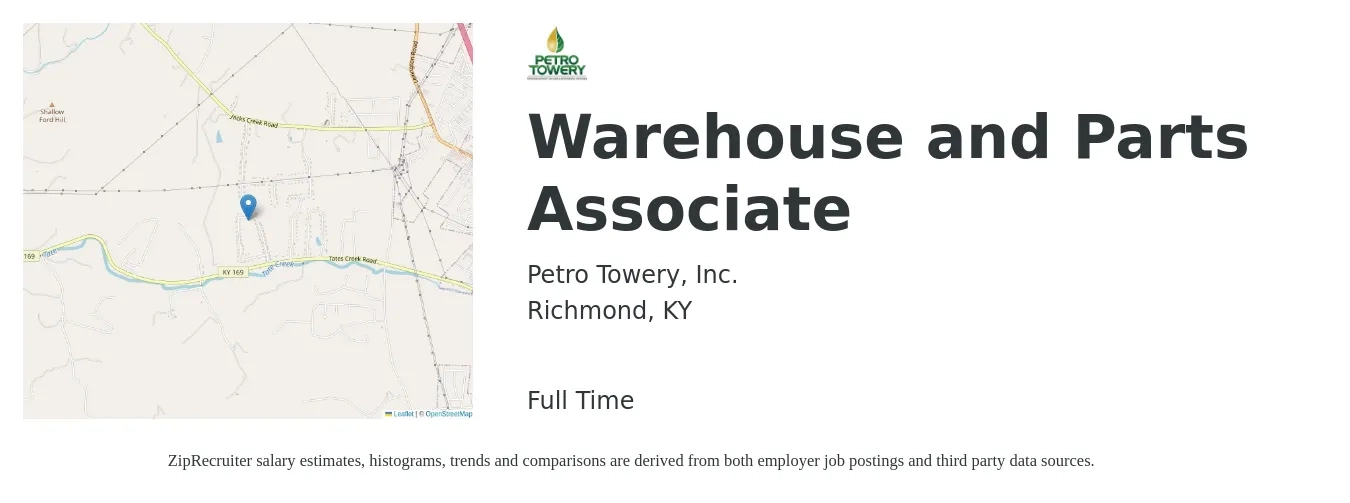 Petro Towery, Inc. job posting for a Warehouse and Parts Associate in Richmond, KY with a salary of $15 to $18 Hourly with a map of Richmond location.