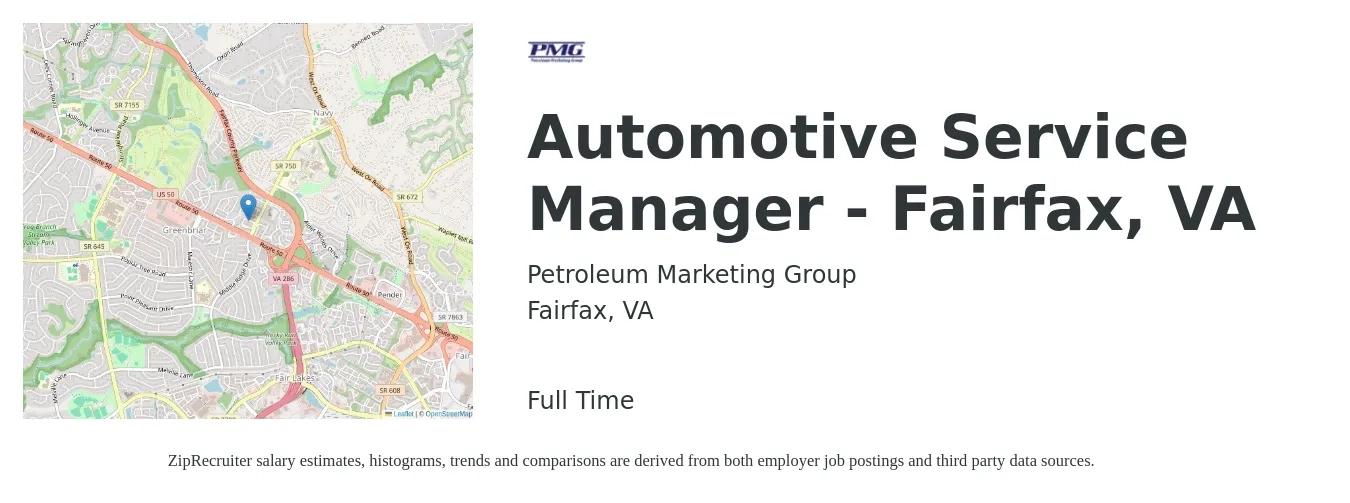 Petroleum Marketing Group job posting for a Automotive Service Manager - Fairfax, VA in Fairfax, VA with a salary of $55,600 to $80,400 Yearly with a map of Fairfax location.