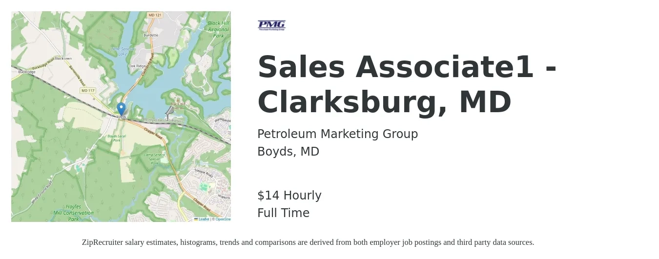 Petroleum Marketing Group job posting for a Sales Associate1 - Clarksburg, MD in Boyds, MD with a salary of $15 Hourly with a map of Boyds location.