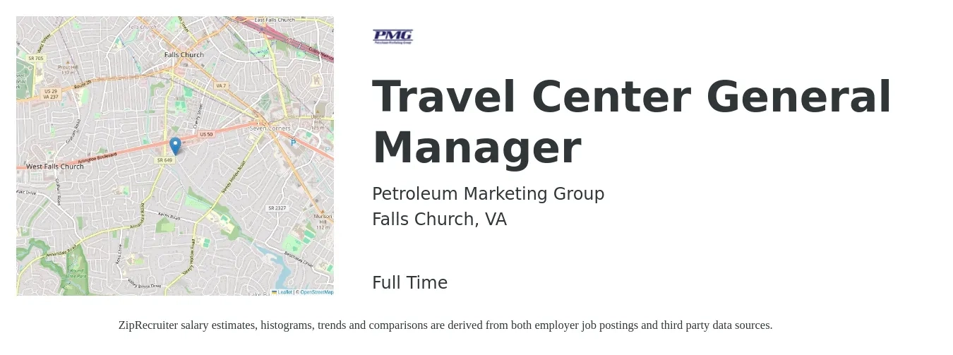 Petroleum Marketing Group job posting for a Travel Center General Manager in Falls Church, VA with a salary of $52,800 to $78,900 Yearly with a map of Falls Church location.
