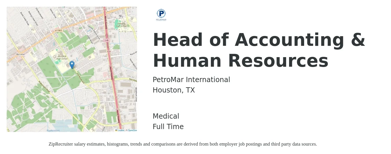 PetroMar International job posting for a Head of Accounting & Human Resources in Houston, TX with a salary of $100,300 to $152,800 Yearly and benefits including medical, pto, and retirement with a map of Houston location.