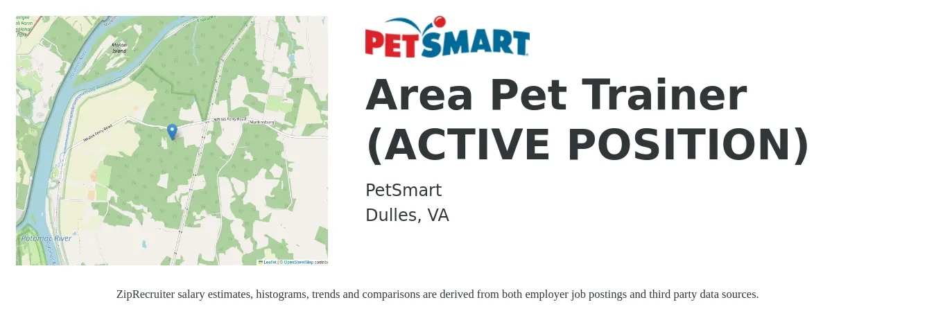 PetSmart job posting for a Area Pet Trainer (ACTIVE POSITION) in Dulles, VA with a salary of $50,200 to $76,200 Yearly with a map of Dulles location.