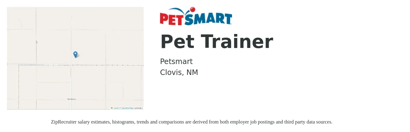 PetSmart job posting for a Pet Trainer in Clovis, NM with a salary of $13 Hourly with a map of Clovis location.