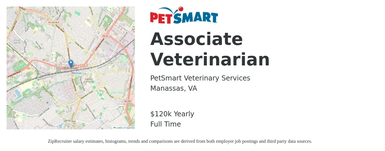 PetSmart Veterinary Services job posting for a Associate Veterinarian in Manassas, VA with a salary of $120,000 Yearly with a map of Manassas location.