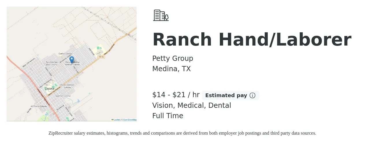 Petty Group job posting for a Ranch Hand/Laborer in Medina, TX with a salary of $15 to $22 Hourly and benefits including dental, life_insurance, medical, pto, retirement, and vision with a map of Medina location.