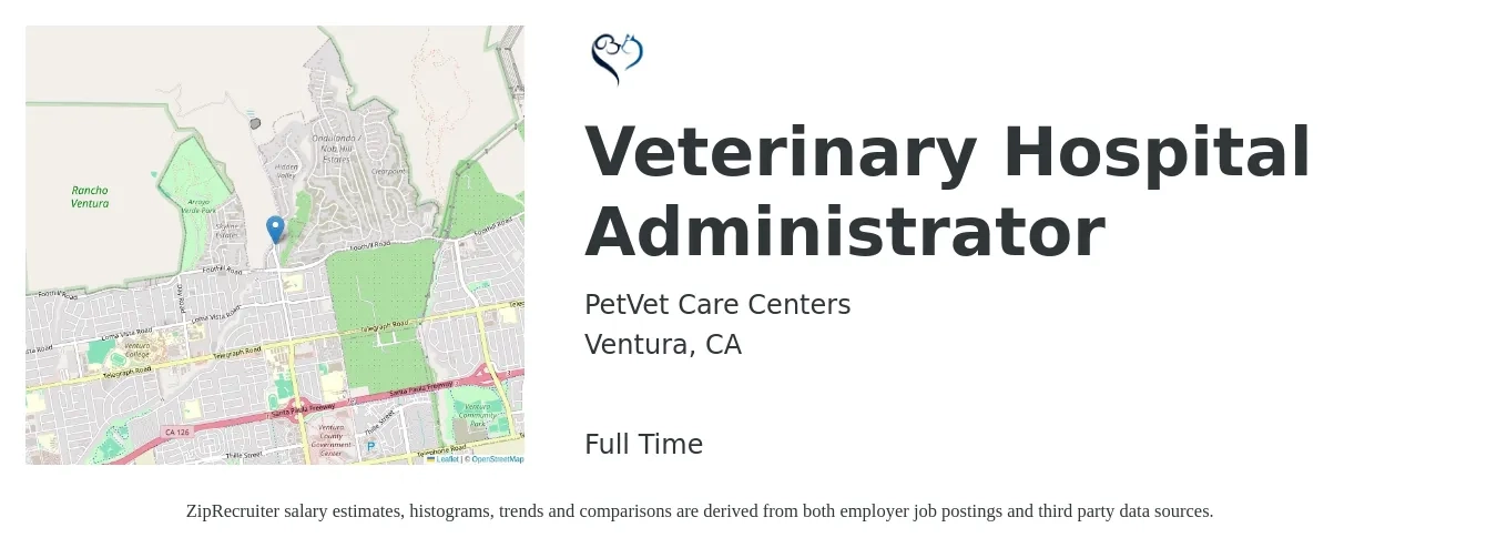 PetVet Care Centers job posting for a Veterinary Hospital Administrator in Ventura, CA with a salary of $59,900 to $89,300 Yearly with a map of Ventura location.