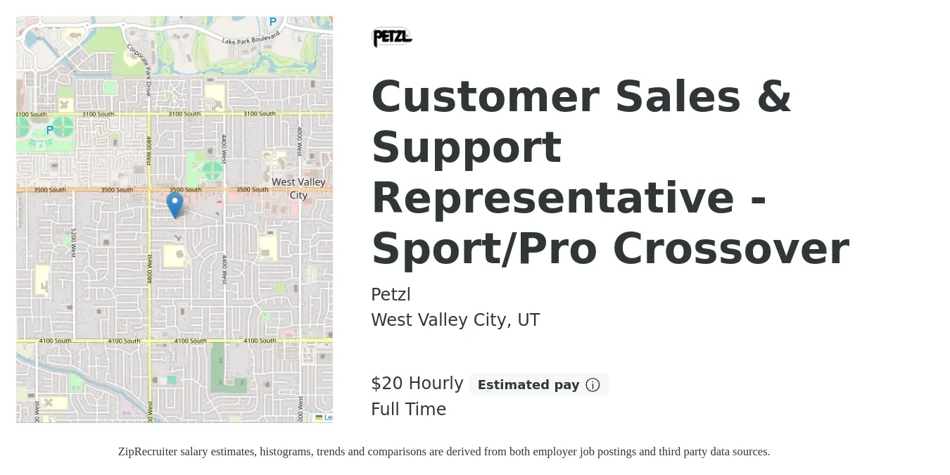 Petzl job posting for a Customer Sales & Support Representative - Sport/Pro Crossover in West Valley City, UT with a salary of $22 Hourly with a map of West Valley City location.
