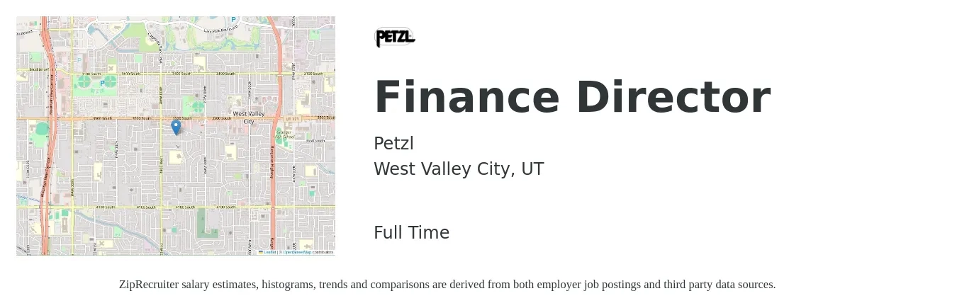 Petzl job posting for a Finance Director in West Valley City, UT with a salary of $96,600 to $147,000 Yearly with a map of West Valley City location.