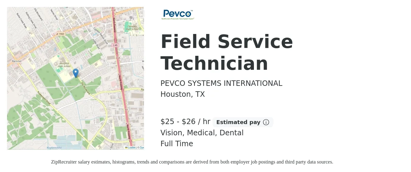 PEVCO SYSTEMS INTERNATIONAL job posting for a Field Service Technician in Houston, TX with a salary of $26 to $28 Hourly and benefits including vision, dental, life_insurance, medical, and pto with a map of Houston location.