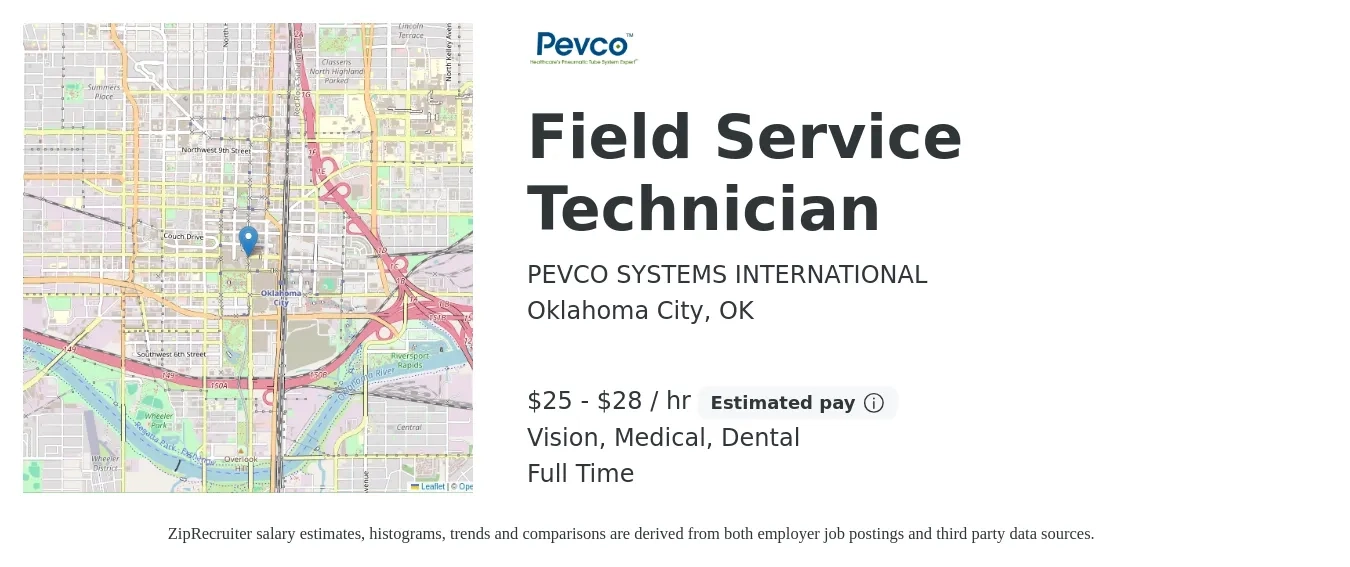 PEVCO SYSTEMS INTERNATIONAL job posting for a Field Service Technician in Oklahoma City, OK with a salary of $26 to $30 Hourly and benefits including medical, pto, vision, dental, and life_insurance with a map of Oklahoma City location.