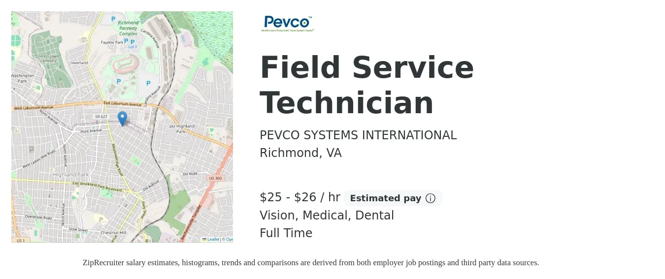 PEVCO SYSTEMS INTERNATIONAL job posting for a Field Service Technician in Richmond, VA with a salary of $26 to $28 Hourly and benefits including medical, pto, vision, dental, and life_insurance with a map of Richmond location.