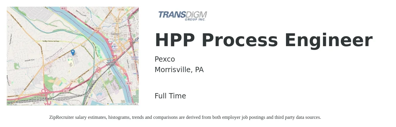 Pexco job posting for a HPP Process Engineer in Morrisville, PA with a salary of $74,700 to $103,300 Yearly with a map of Morrisville location.