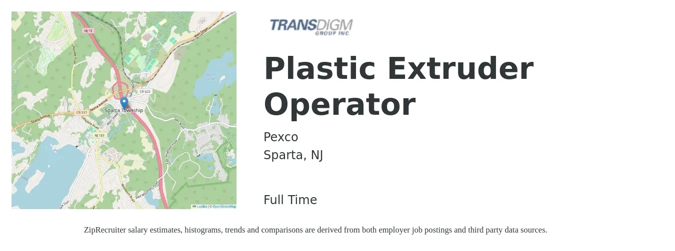Pexco job posting for a Plastic Extruder Operator in Sparta, NJ with a salary of $18 to $20 Hourly with a map of Sparta location.
