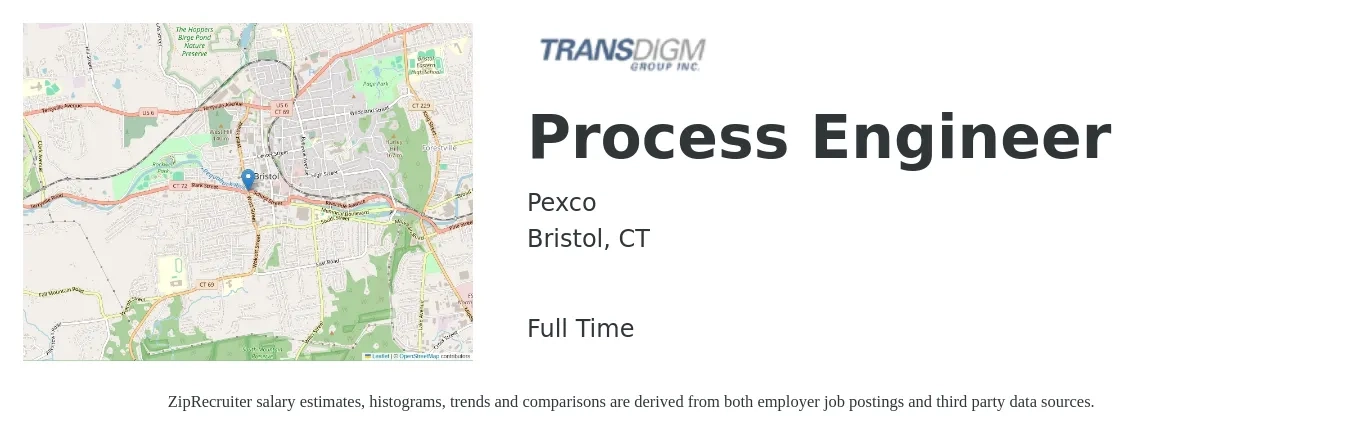 Pexco job posting for a Process Engineer in Bristol, CT with a salary of $74,600 to $103,100 Yearly with a map of Bristol location.