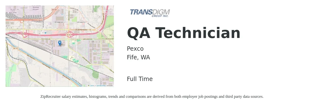 Pexco job posting for a QA Technician in Fife, WA with a salary of $22 to $25 Hourly with a map of Fife location.