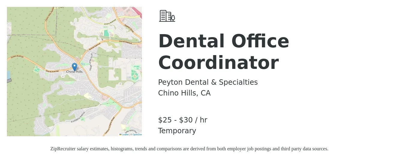 Peyton Dental & Specialties job posting for a Dental Office Coordinator in Chino Hills, CA with a salary of $27 to $32 Hourly with a map of Chino Hills location.