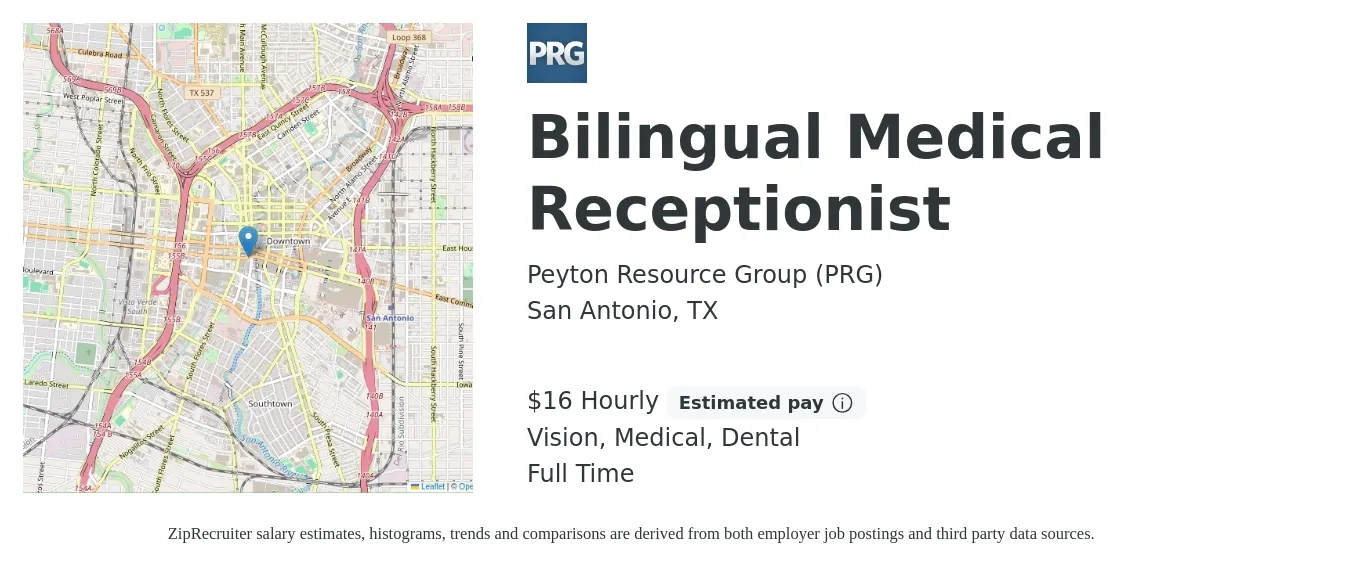 Peyton Resource Group (PRG) job posting for a Bilingual Medical Receptionist in San Antonio, TX with a salary of $17 Hourly and benefits including dental, life_insurance, medical, retirement, and vision with a map of San Antonio location.