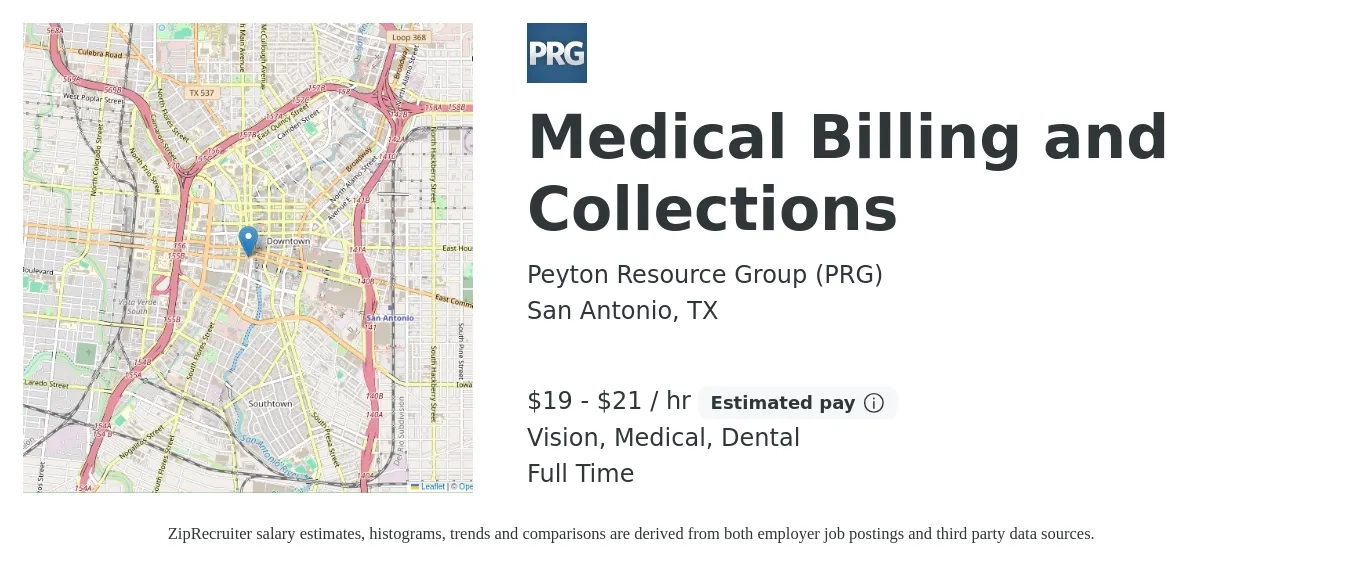 Peyton Resource Group (PRG) job posting for a Medical Billing and Collections in San Antonio, TX with a salary of $20 to $22 Hourly and benefits including vision, dental, life_insurance, medical, pto, and retirement with a map of San Antonio location.