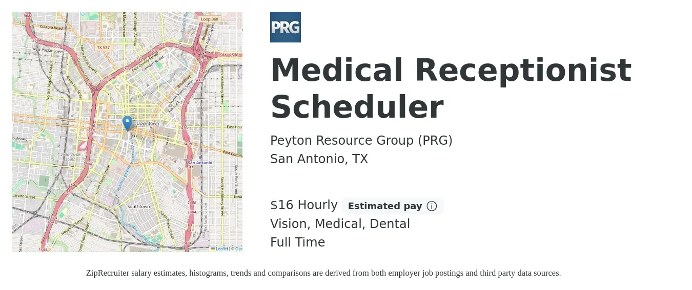 Peyton Resource Group (PRG) job posting for a Medical Receptionist Scheduler in San Antonio, TX with a salary of $17 Hourly and benefits including dental, life_insurance, medical, pto, retirement, and vision with a map of San Antonio location.