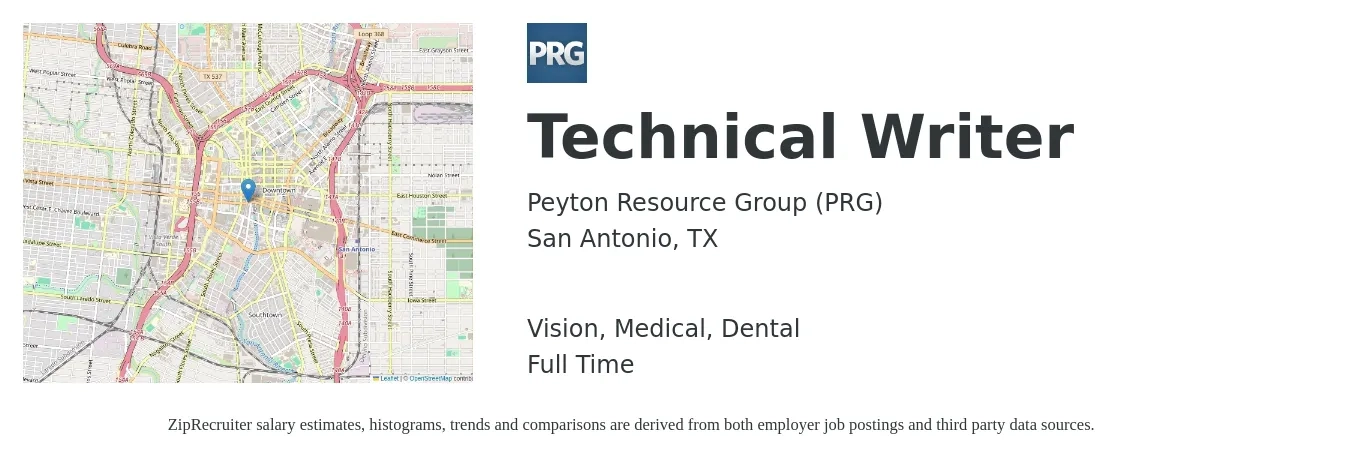 Peyton Resource Group (PRG) job posting for a Technical Writer in San Antonio, TX with a salary of $27 to $44 Hourly and benefits including dental, life_insurance, medical, pto, retirement, and vision with a map of San Antonio location.