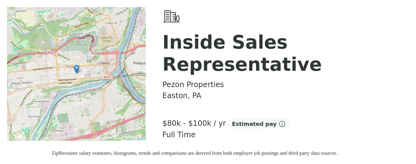 Pezon Properties job posting for a Inside Sales Representative in Easton, PA with a salary of $44,000 to $55,000 Yearly with a map of Easton location.