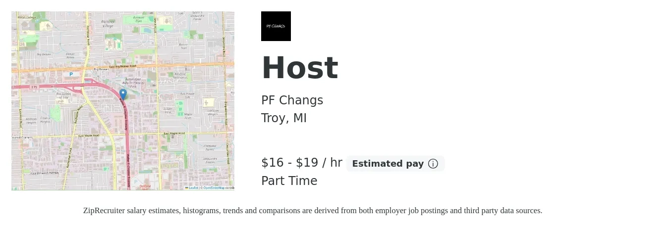 PF Changs job posting for a Host in Troy, MI with a salary of $17 to $20 Hourly with a map of Troy location.