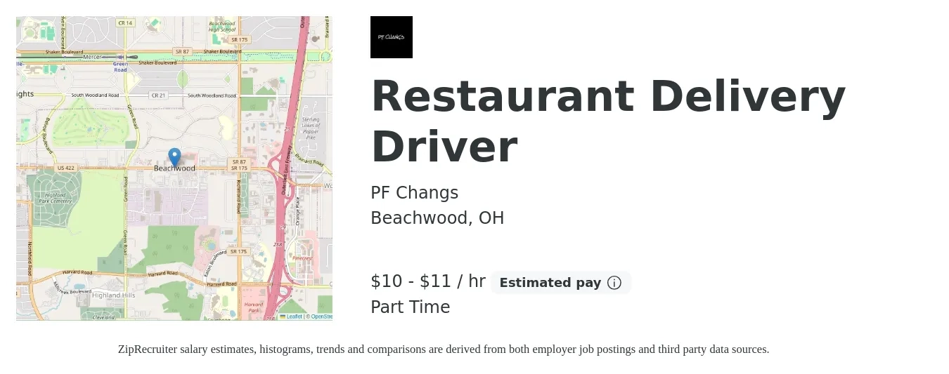 PF Changs job posting for a Restaurant Delivery Driver in Beachwood, OH with a salary of $10 to $12 Hourly with a map of Beachwood location.