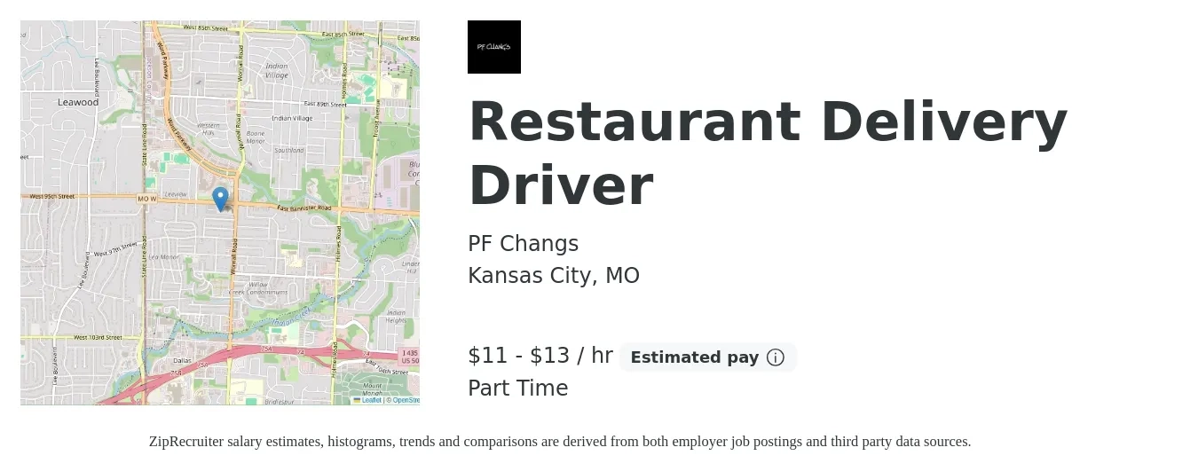 PF Changs job posting for a Restaurant Delivery Driver in Kansas City, MO with a salary of $12 to $14 Hourly with a map of Kansas City location.