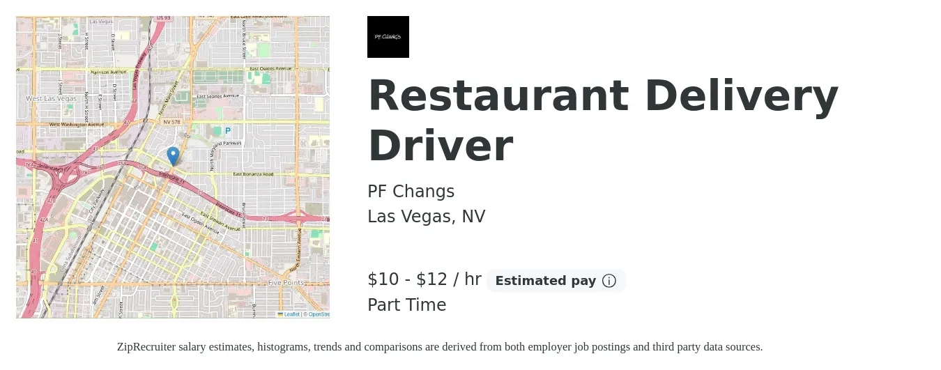 PF Changs job posting for a Restaurant Delivery Driver in Las Vegas, NV with a salary of $11 to $13 Hourly with a map of Las Vegas location.