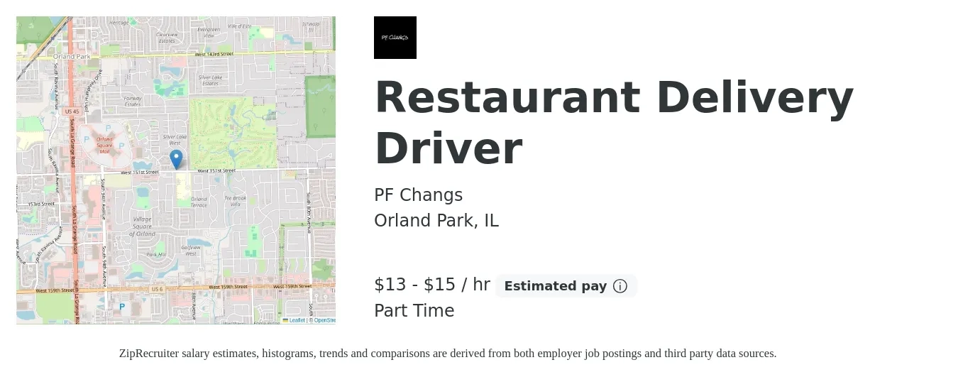 PF Changs job posting for a Restaurant Delivery Driver in Orland Park, IL with a salary of $14 to $16 Hourly with a map of Orland Park location.