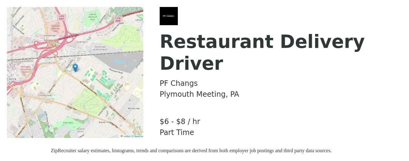 PF Changs job posting for a Restaurant Delivery Driver in Plymouth Meeting, PA with a salary of $7 to $9 Hourly with a map of Plymouth Meeting location.