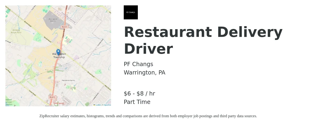 PF Changs job posting for a Restaurant Delivery Driver in Warrington, PA with a salary of $7 to $9 Hourly with a map of Warrington location.
