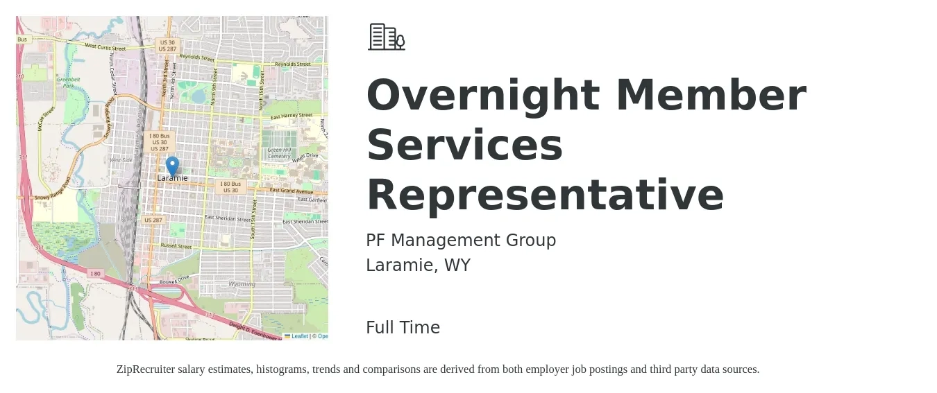 PF Management Group job posting for a Overnight Member Services Representative in Laramie, WY with a salary of $12 to $20 Hourly with a map of Laramie location.