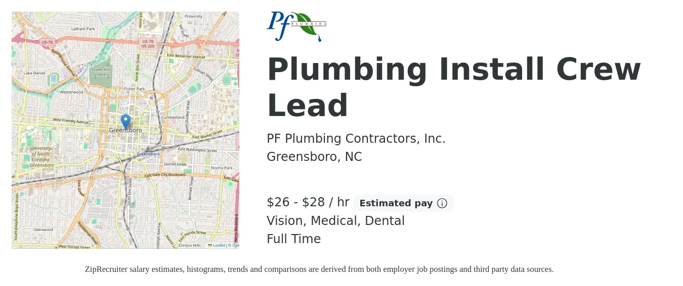 PF Plumbing Contractors, Inc. job posting for a Plumbing Install Crew Lead in Greensboro, NC with a salary of $28 to $30 Hourly and benefits including retirement, vision, dental, life_insurance, medical, and pto with a map of Greensboro location.