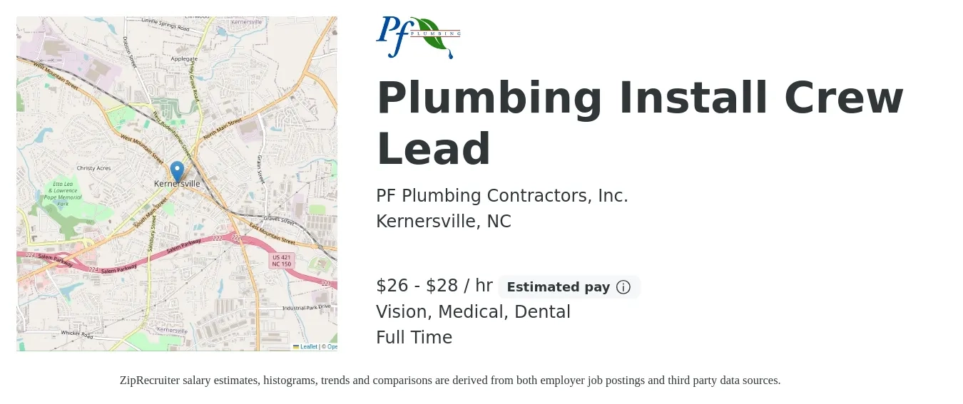 PF Plumbing Contractors, Inc. job posting for a Plumbing Install Crew Lead in Kernersville, NC with a salary of $28 to $30 Hourly and benefits including retirement, vision, dental, life_insurance, medical, and pto with a map of Kernersville location.