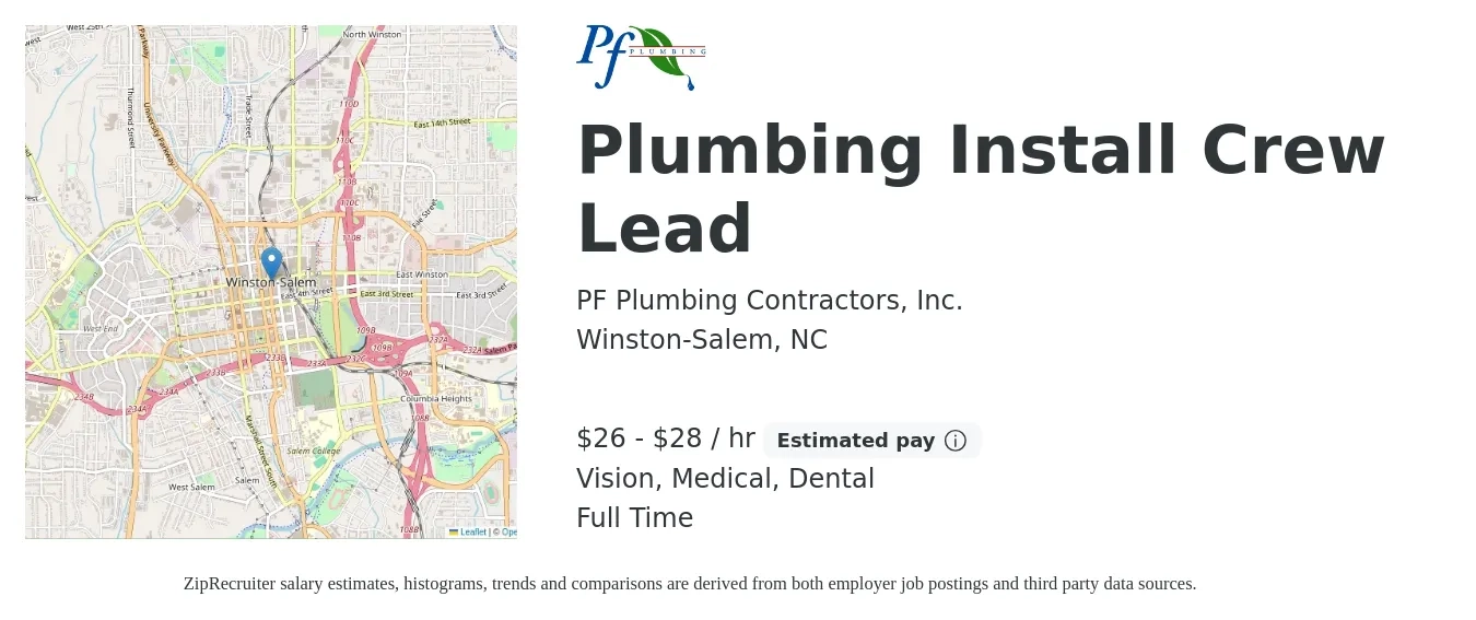 PF Plumbing Contractors, Inc. job posting for a Plumbing Install Crew Lead in Winston-Salem, NC with a salary of $28 to $30 Hourly and benefits including dental, life_insurance, medical, pto, retirement, and vision with a map of Winston-Salem location.