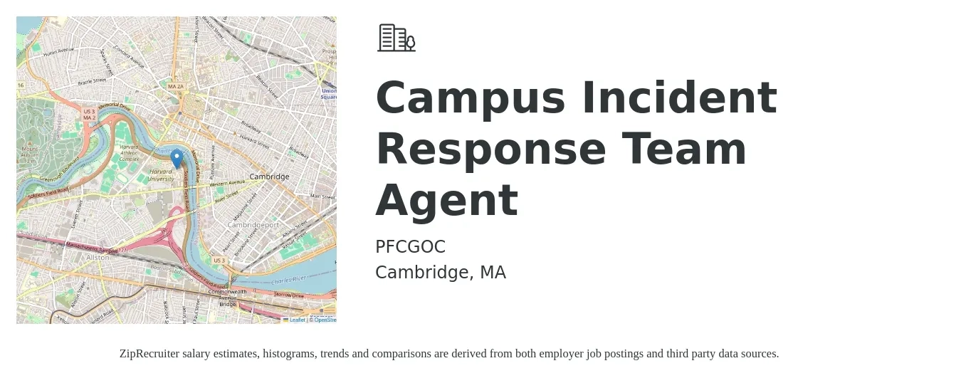 PFCGOC job posting for a Campus Incident Response Team Agent in Cambridge, MA with a salary of $55 Hourly with a map of Cambridge location.