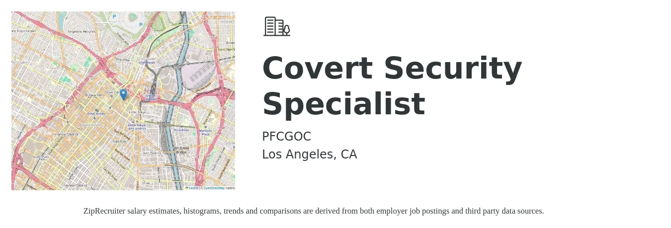 PFCGOC job posting for a Covert Security Specialist in Los Angeles, CA with a salary of $26 Hourly with a map of Los Angeles location.