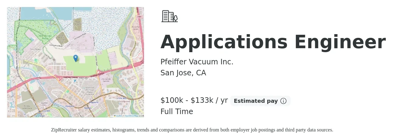 Pfeiffer Vacuum Inc. job posting for a Applications Engineer in San Jose, CA with a salary of $100,000 to $133,000 Yearly with a map of San Jose location.